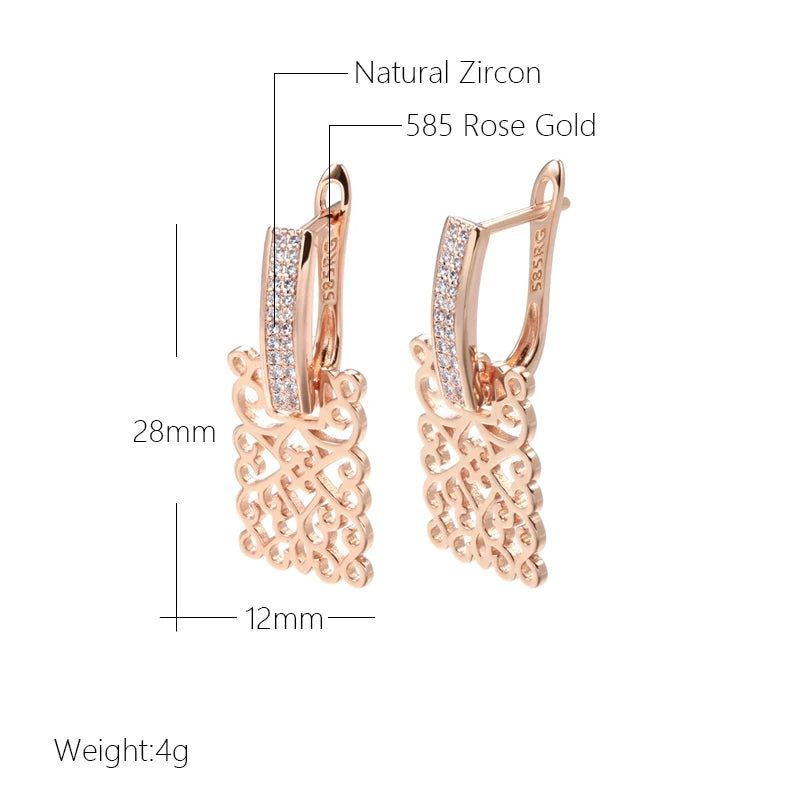 Vintage-Inspired 585 Rose Gold Geometric Long Drop Earrings with Natural Zircon