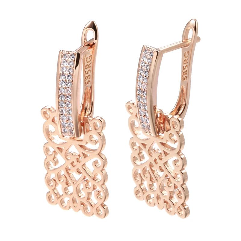 Vintage-Inspired 585 Rose Gold Geometric Long Drop Earrings with Natural Zircon