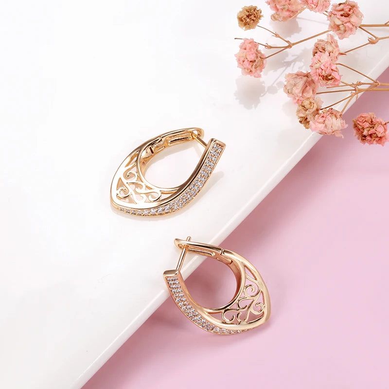 Vintage-Inspired 585 Rose Gold Hollow Flower Drop Earrings with Natural Zircon