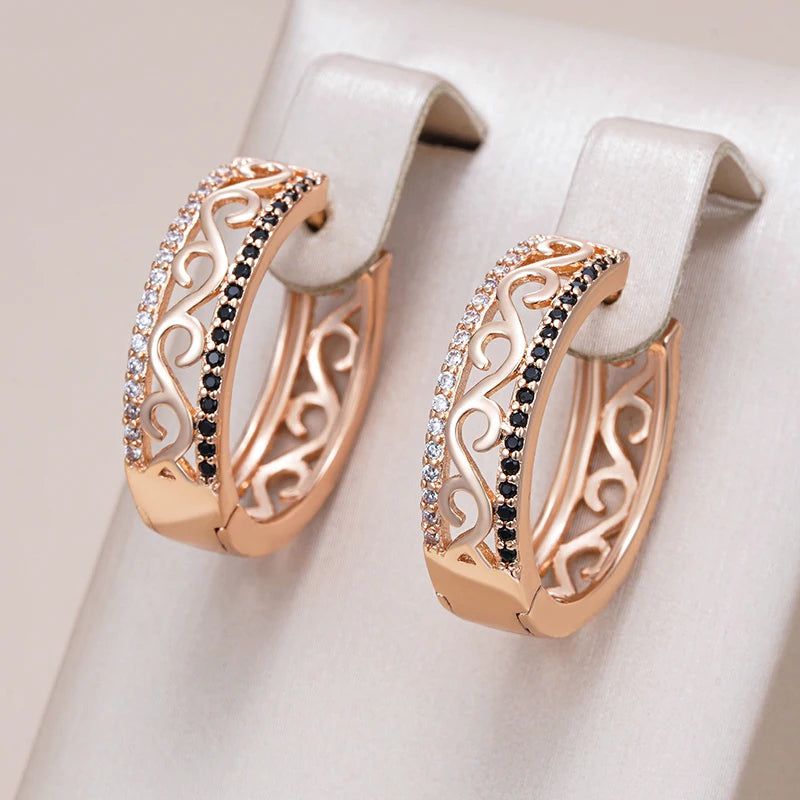 Vintage-Inspired 585 Rose Gold Large Hoop Earrings with Shiny Black Natural Zircon