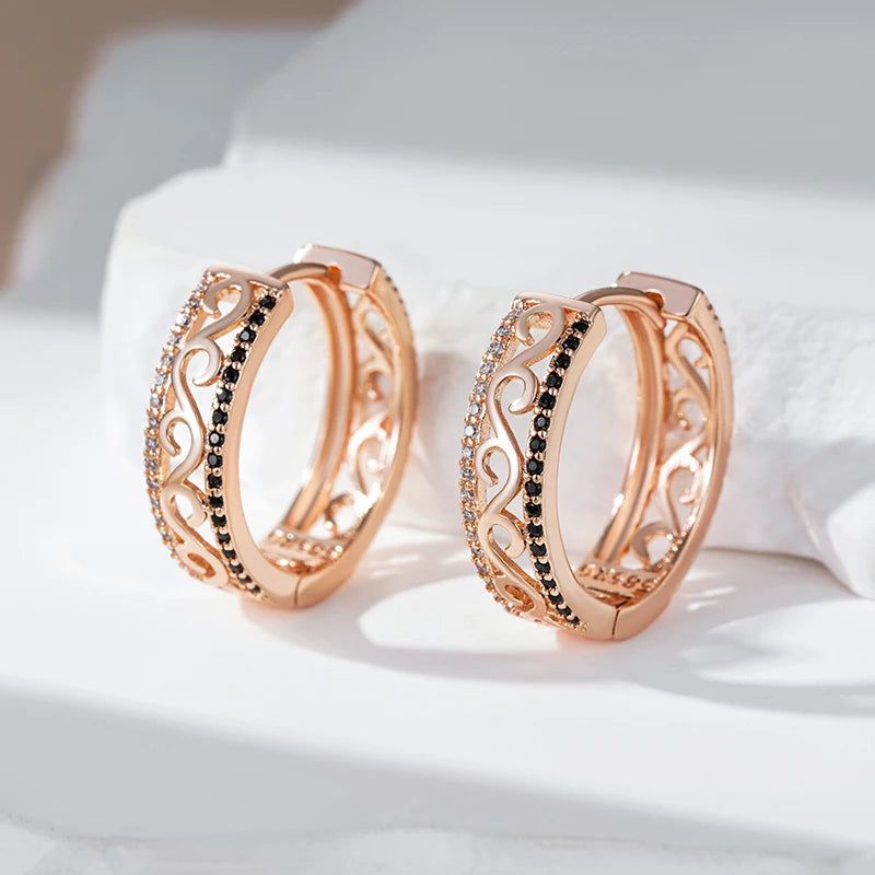 Vintage-Inspired 585 Rose Gold Large Hoop Earrings with Shiny Black Natural Zircon