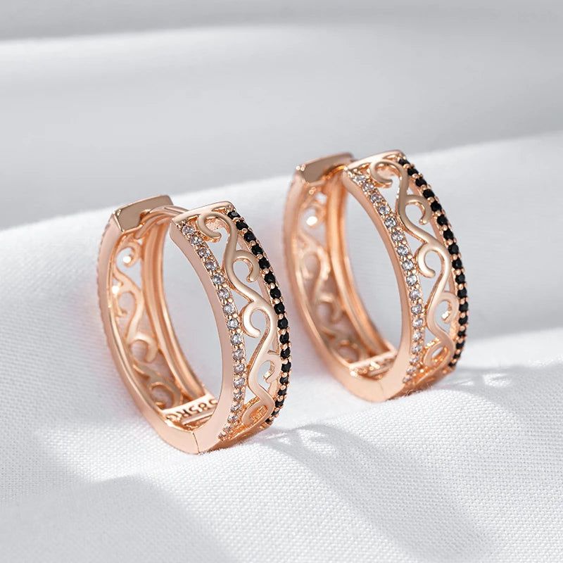 Vintage-Inspired 585 Rose Gold Large Hoop Earrings with Shiny Black Natural Zircon