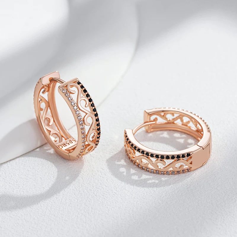 Vintage-Inspired 585 Rose Gold Large Hoop Earrings with Shiny Black Natural Zircon