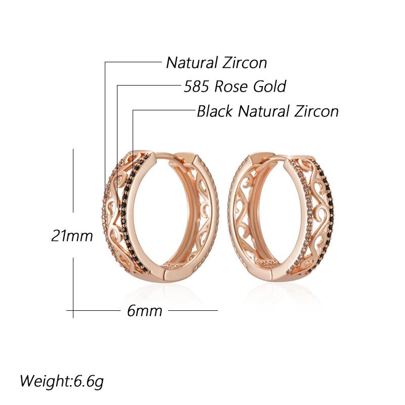 Vintage-Inspired 585 Rose Gold Large Hoop Earrings with Shiny Black Natural Zircon