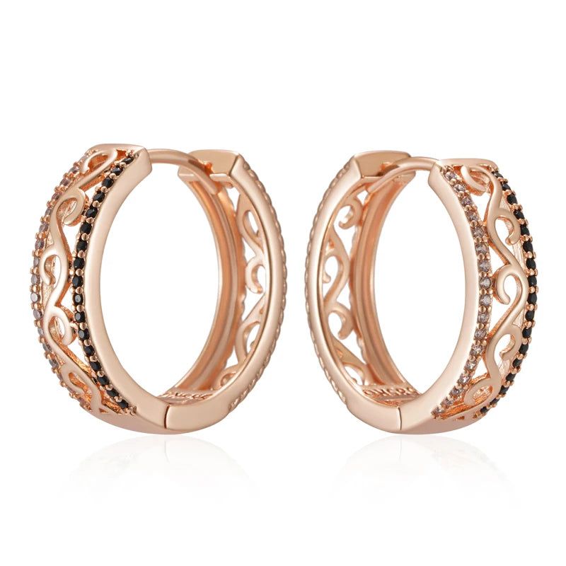 Vintage-Inspired 585 Rose Gold Large Hoop Earrings with Shiny Black Natural Zircon