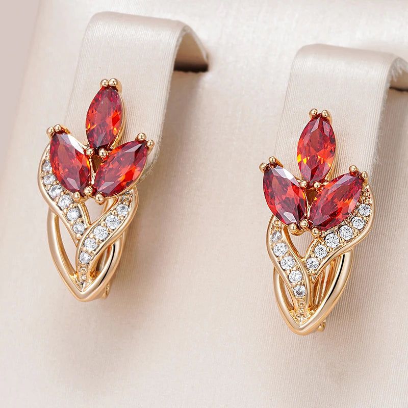 Vintage-Inspired 585 Rose Gold Leaf Drop Earrings with Red Natural Zircon Crystals