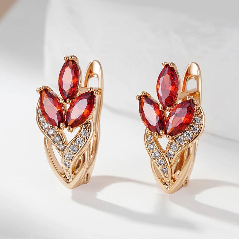 Vintage-Inspired 585 Rose Gold Leaf Drop Earrings with Red Natural Zircon Crystals