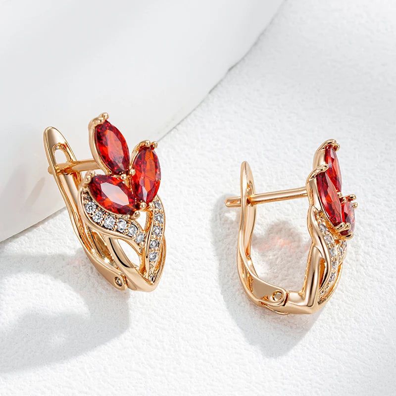 Vintage-Inspired 585 Rose Gold Leaf Drop Earrings with Red Natural Zircon Crystals