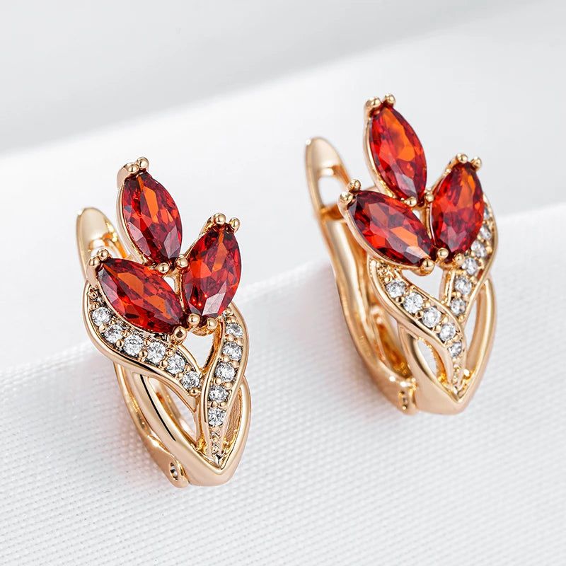 Vintage-Inspired 585 Rose Gold Leaf Drop Earrings with Red Natural Zircon Crystals