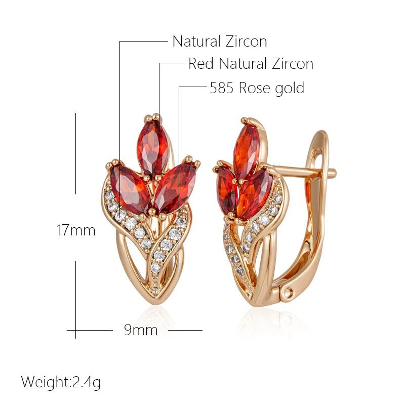 Vintage-Inspired 585 Rose Gold Leaf Drop Earrings with Red Natural Zircon Crystals