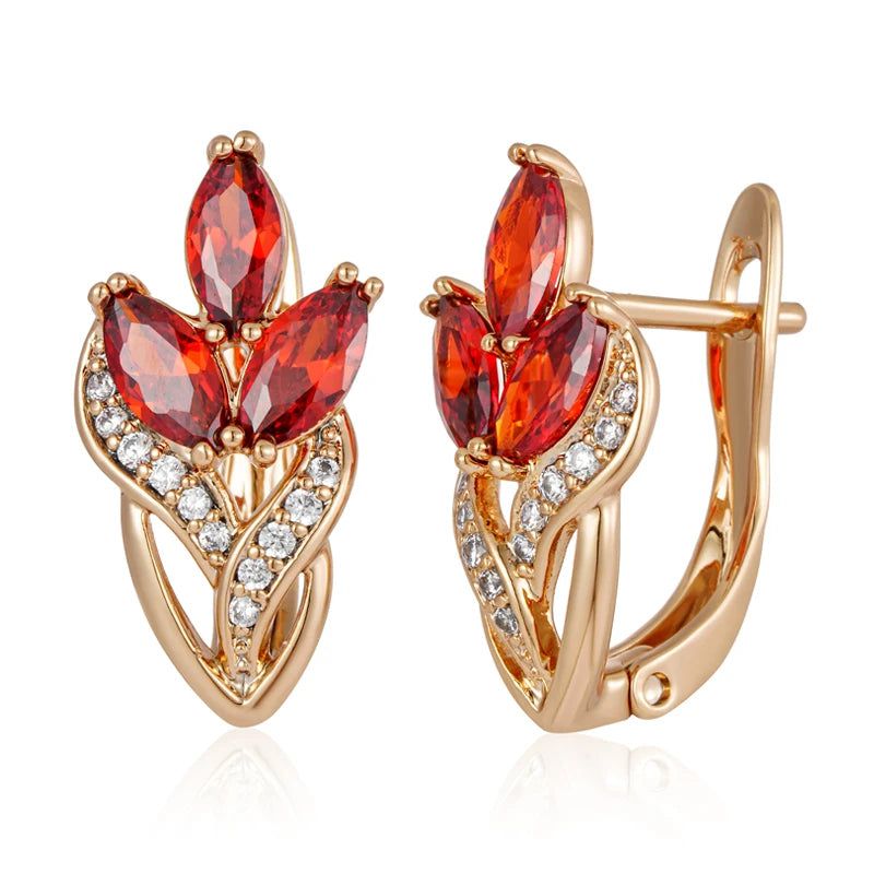 Vintage-Inspired 585 Rose Gold Leaf Drop Earrings with Red Natural Zircon Crystals