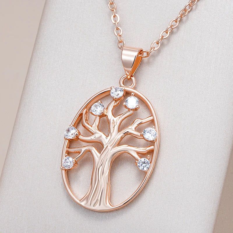 Vintage-Inspired 585 Rose Gold Lucky Tree Pendant Necklace with Natural Zircon