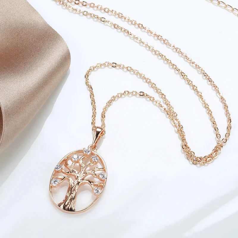 Vintage-Inspired 585 Rose Gold Lucky Tree Pendant Necklace with Natural Zircon