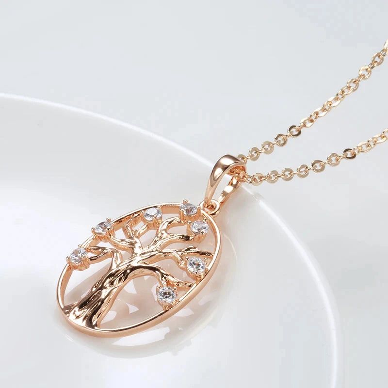 Vintage-Inspired 585 Rose Gold Lucky Tree Pendant Necklace with Natural Zircon