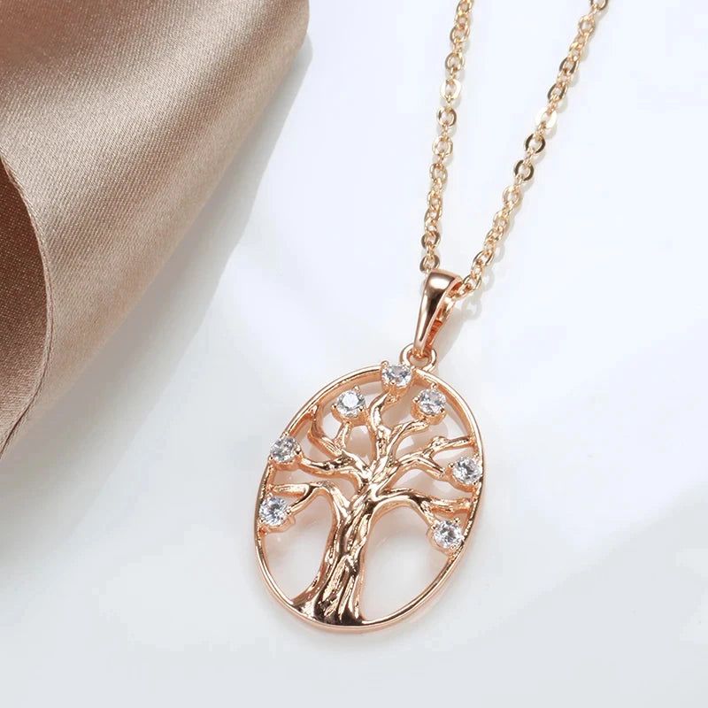 Vintage-Inspired 585 Rose Gold Lucky Tree Pendant Necklace with Natural Zircon