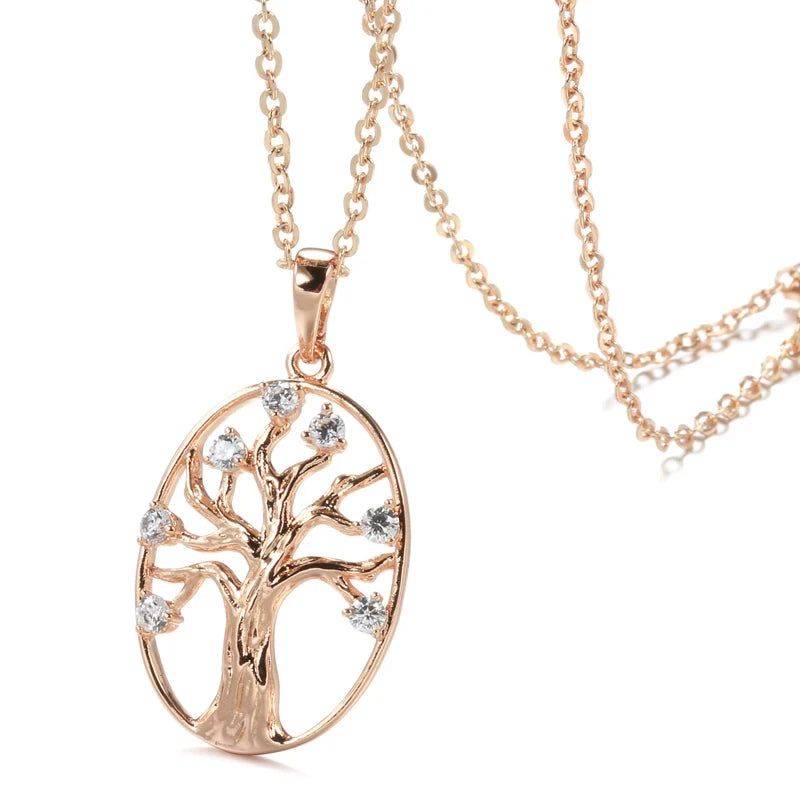 Vintage-Inspired 585 Rose Gold Lucky Tree Pendant Necklace with Natural Zircon