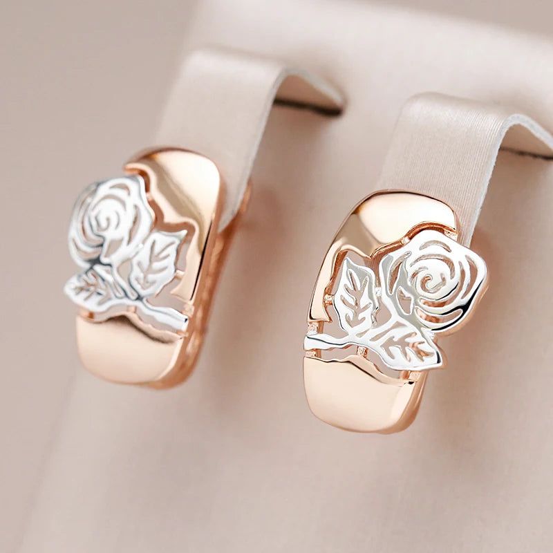 Vintage-Inspired 585 Rose Gold and Silver Hollow Rose Flower Drop Earrings