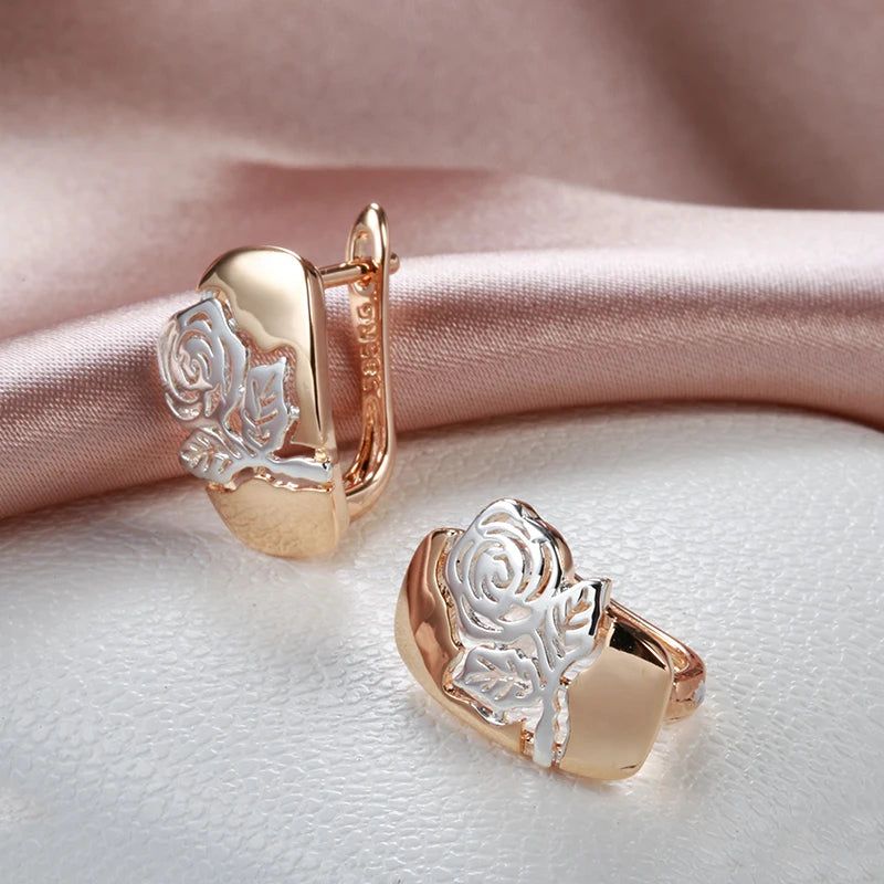 Vintage-Inspired 585 Rose Gold and Silver Hollow Rose Flower Drop Earrings