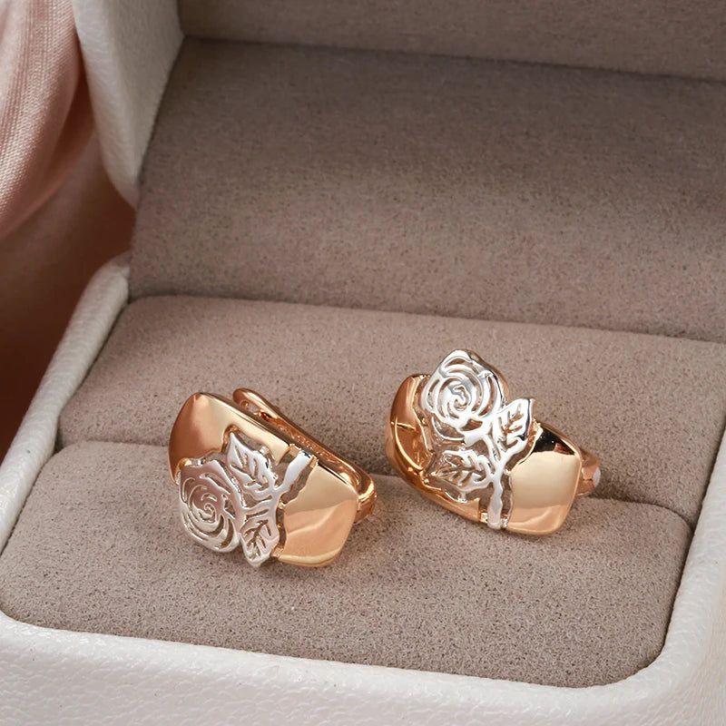 Vintage-Inspired 585 Rose Gold and Silver Hollow Rose Flower Drop Earrings