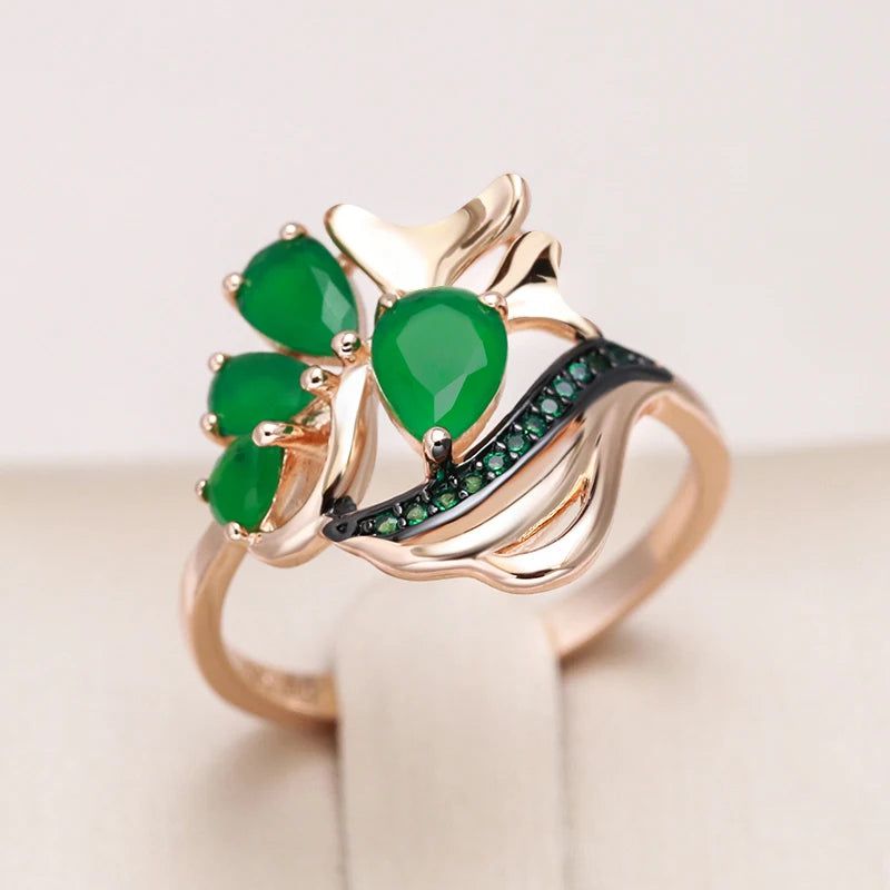 Vintage-Inspired Dark Green Opal and Zircon Cocktail Ring with Black Plating and Rose Gold Accents