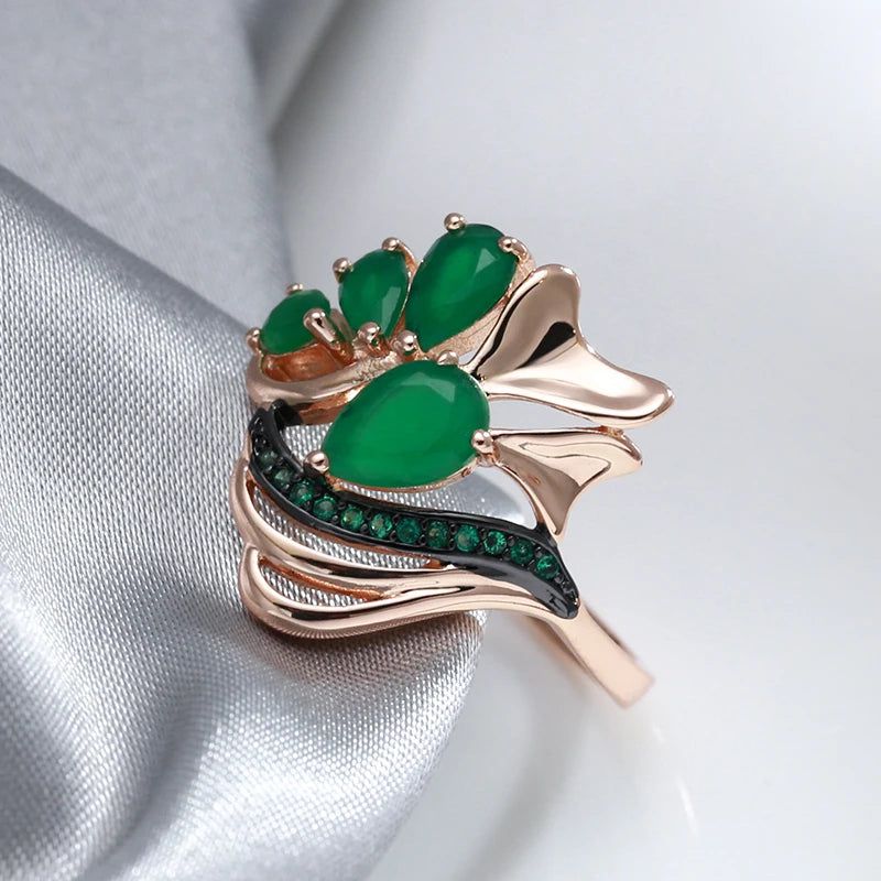 Vintage-Inspired Dark Green Opal and Zircon Cocktail Ring with Black Plating and Rose Gold Accents