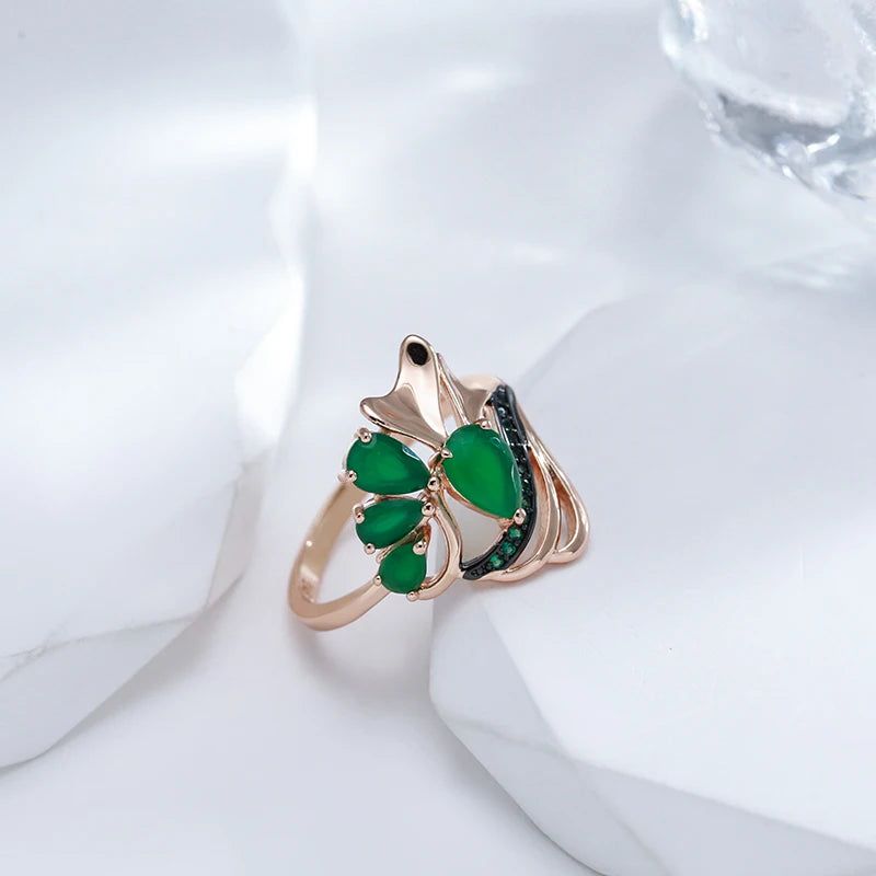 Vintage-Inspired Dark Green Opal and Zircon Cocktail Ring with Black Plating and Rose Gold Accents