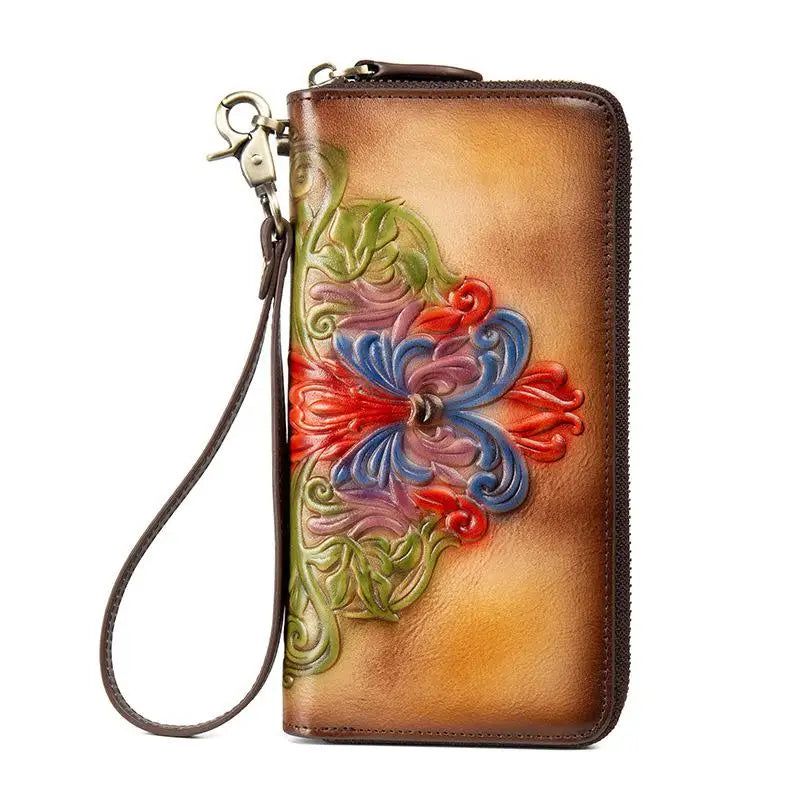 Vintage-Inspired Genuine Leather Hand Wallet with Embossed Design and Card Holder