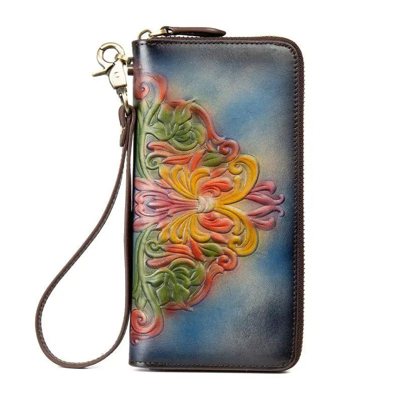 Vintage-Inspired Genuine Leather Hand Wallet with Embossed Design and Card Holder