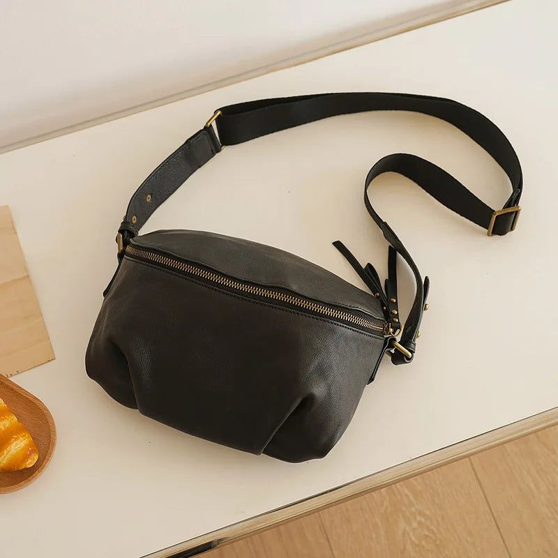 Vintage-Inspired Genuine Leather Pleated Saddle Bag - Spacious Women's Shoulder and Crossbody Bag