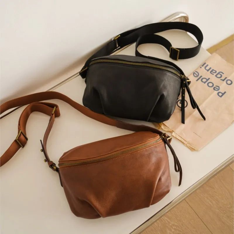 Vintage-Inspired Genuine Leather Pleated Saddle Bag - Spacious Women's Shoulder and Crossbody Bag