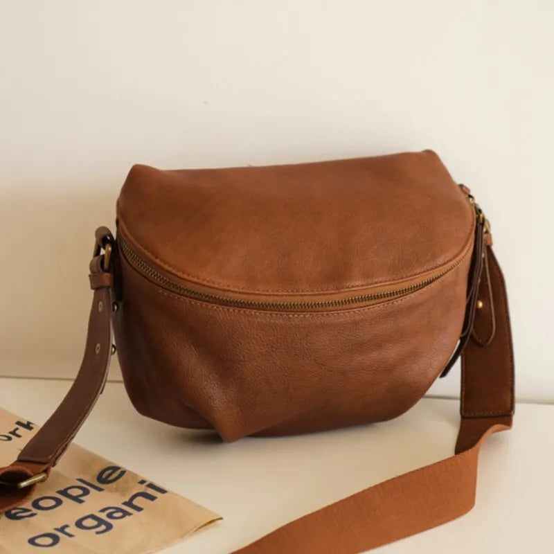 Vintage-Inspired Genuine Leather Pleated Saddle Bag - Spacious Women's Shoulder and Crossbody Bag