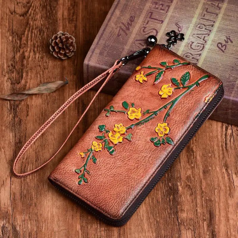 Vintage-Inspired Genuine Leather Women's Long Wallet with Multifunctional Design and Embossed Detailing