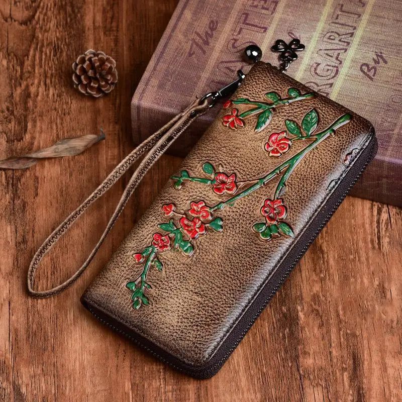 Vintage-Inspired Genuine Leather Women's Long Wallet with Multifunctional Design and Embossed Detailing