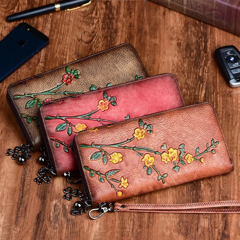 Vintage-Inspired Genuine Leather Women's Long Wallet with Multifunctional Design and Embossed Detailing