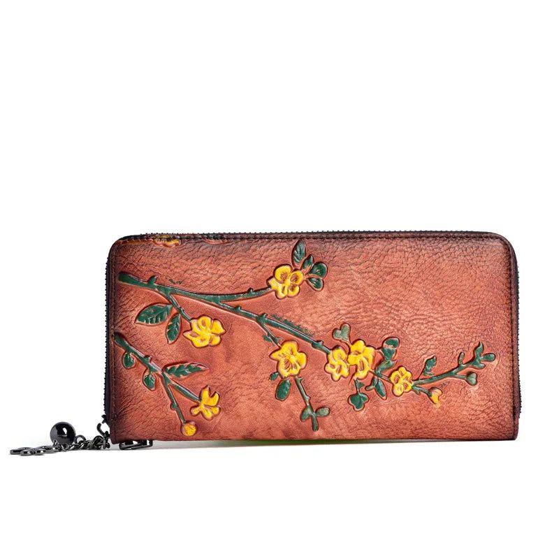 Vintage-Inspired Genuine Leather Women's Long Wallet with Multifunctional Design and Embossed Detailing