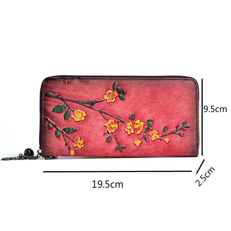 Vintage-Inspired Genuine Leather Women's Long Wallet with Multifunctional Design and Embossed Detailing