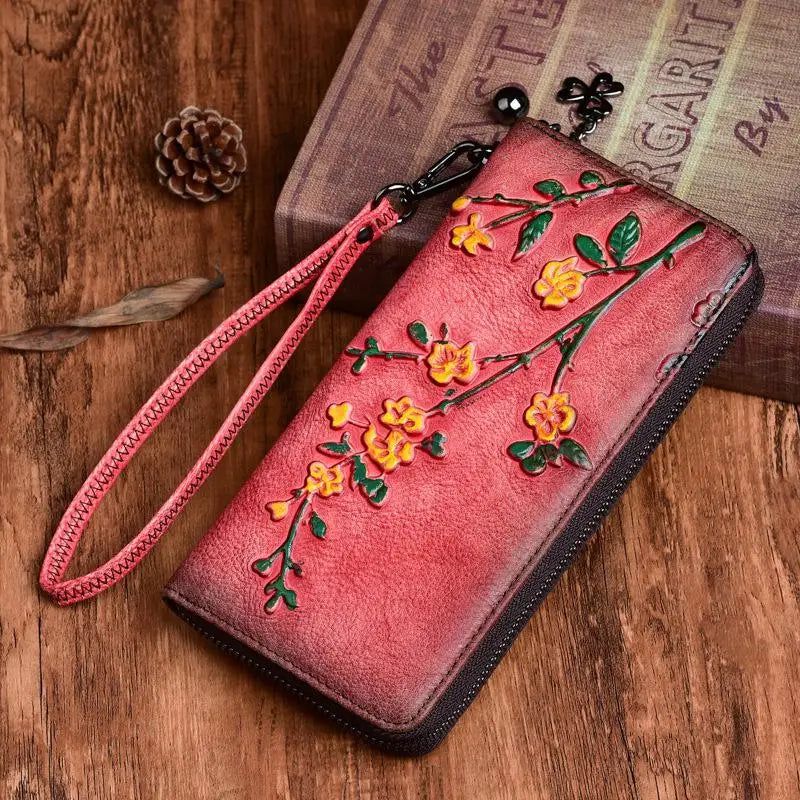 Vintage-Inspired Genuine Leather Women's Long Wallet with Multifunctional Design and Embossed Detailing