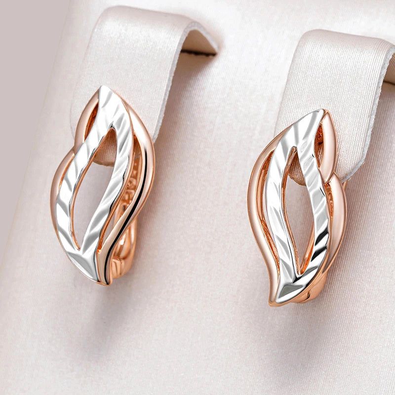 Vintage-Inspired Glossy Hollow Leaf Dangle Earrings in 585 Rose Gold and Silver