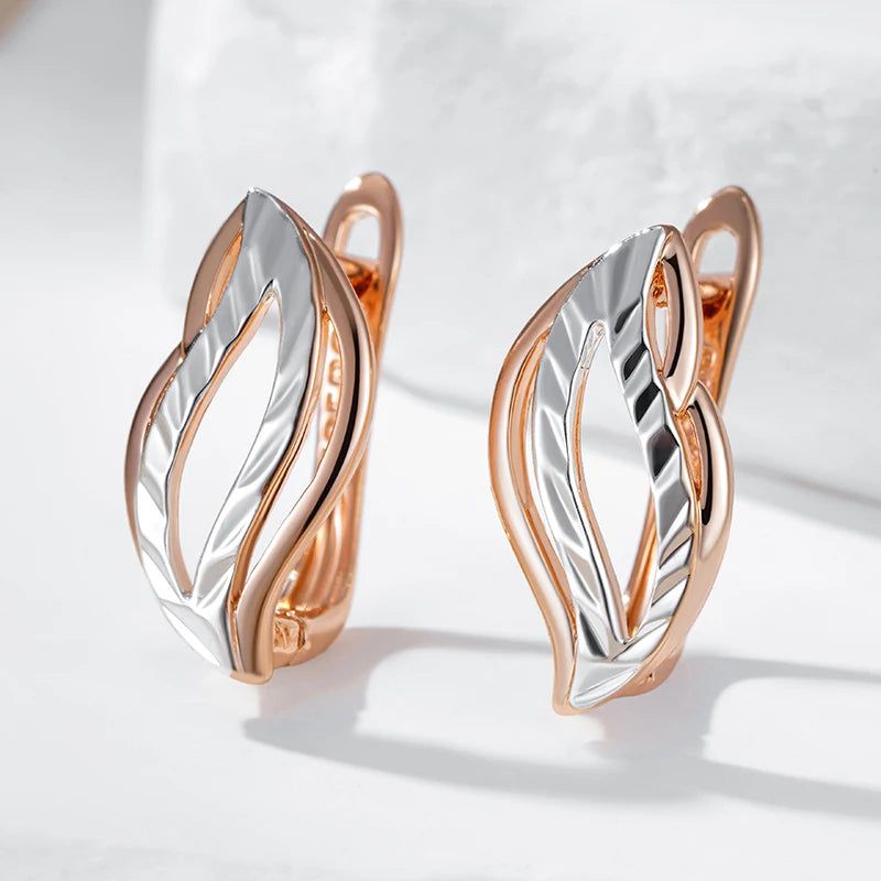 Vintage-Inspired Glossy Hollow Leaf Dangle Earrings in 585 Rose Gold and Silver