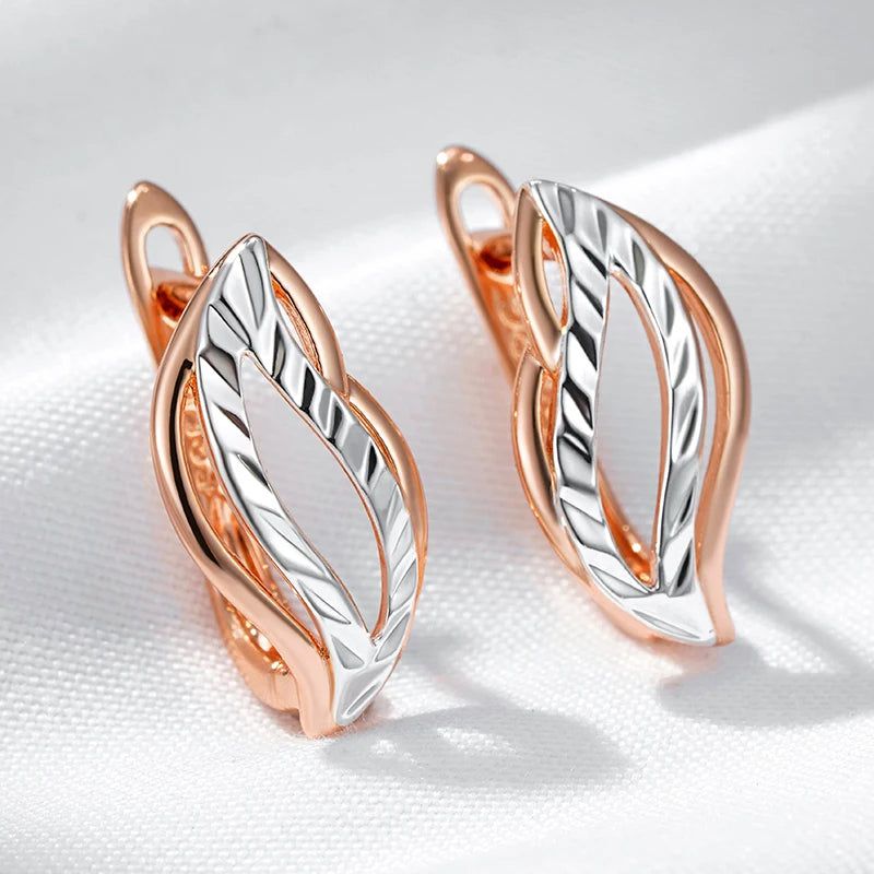 Vintage-Inspired Glossy Hollow Leaf Dangle Earrings in 585 Rose Gold and Silver