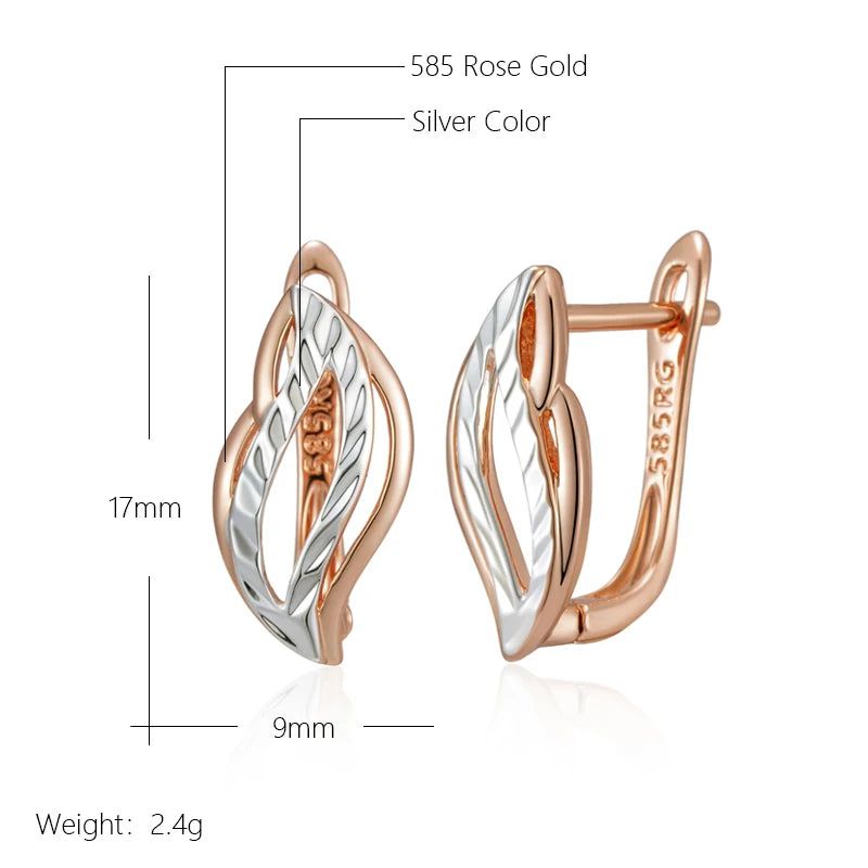 Vintage-Inspired Glossy Hollow Leaf Dangle Earrings in 585 Rose Gold and Silver