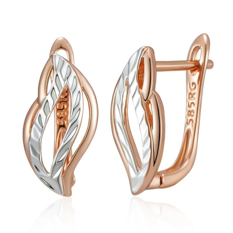 Vintage-Inspired Glossy Hollow Leaf Dangle Earrings in 585 Rose Gold and Silver