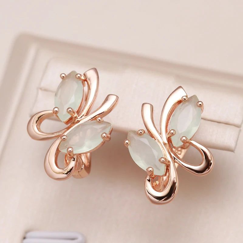 Vintage-Inspired Green Zircon Butterfly Drop Earrings in 585 Rose Gold Finish