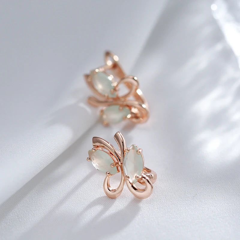 Vintage-Inspired Green Zircon Butterfly Drop Earrings in 585 Rose Gold Finish