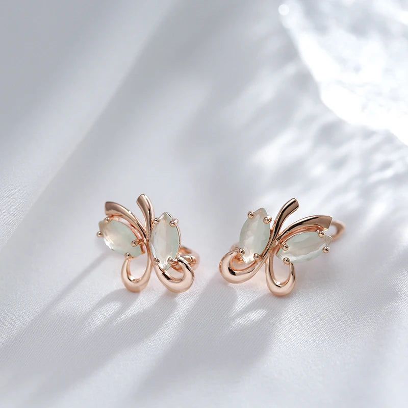 Vintage-Inspired Green Zircon Butterfly Drop Earrings in 585 Rose Gold Finish