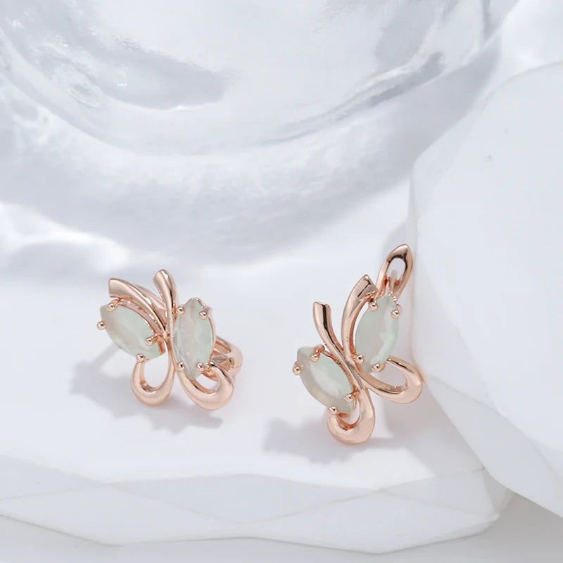 Vintage-Inspired Green Zircon Butterfly Drop Earrings in 585 Rose Gold Finish