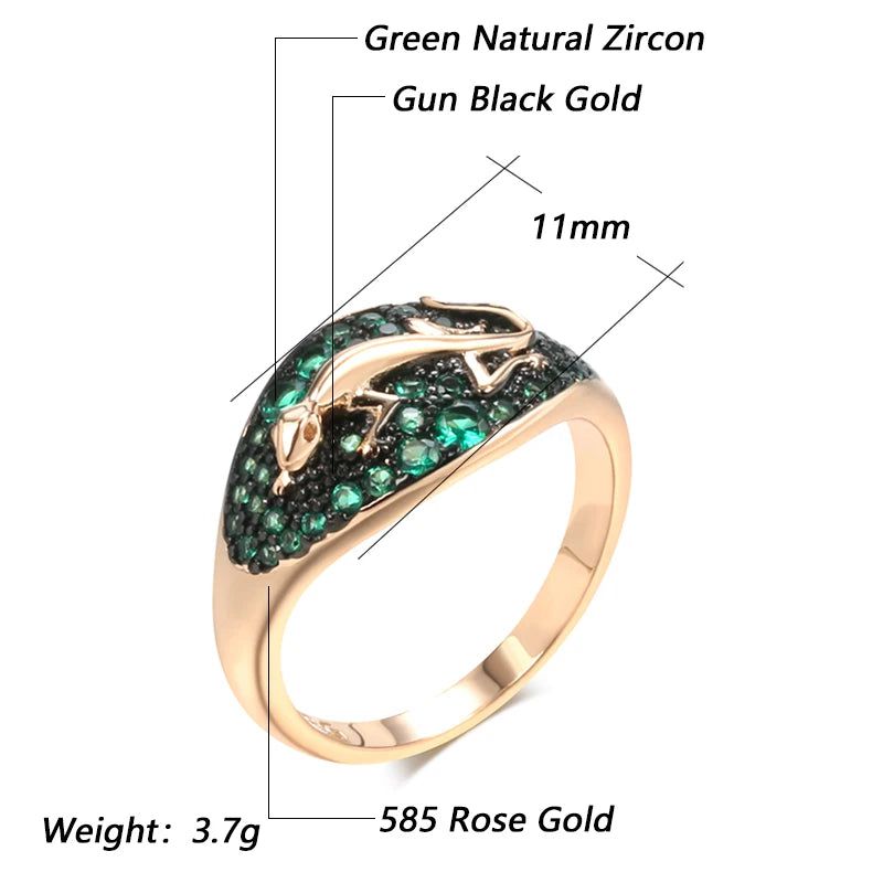 Vintage-Inspired Green Zircon Lizard Ring in 585 Rose Gold and Black Plating - Unique Animal Punk Jewelry