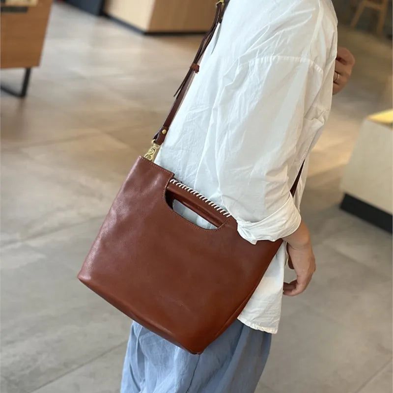 Vintage-Inspired Handmade Genuine Leather Women's Handbag - Spacious Shoulder and Crossbody Bag