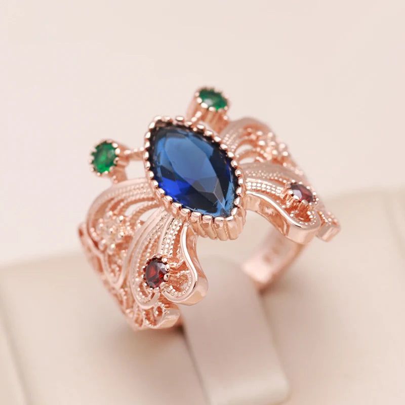 Vintage-Inspired Hot Butterfly Ring in 585 Rose Gold with Blue Natural Zircon Crystals