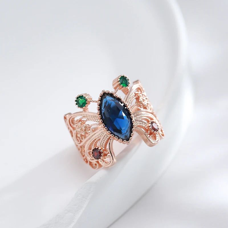 Vintage-Inspired Hot Butterfly Ring in 585 Rose Gold with Blue Natural Zircon Crystals